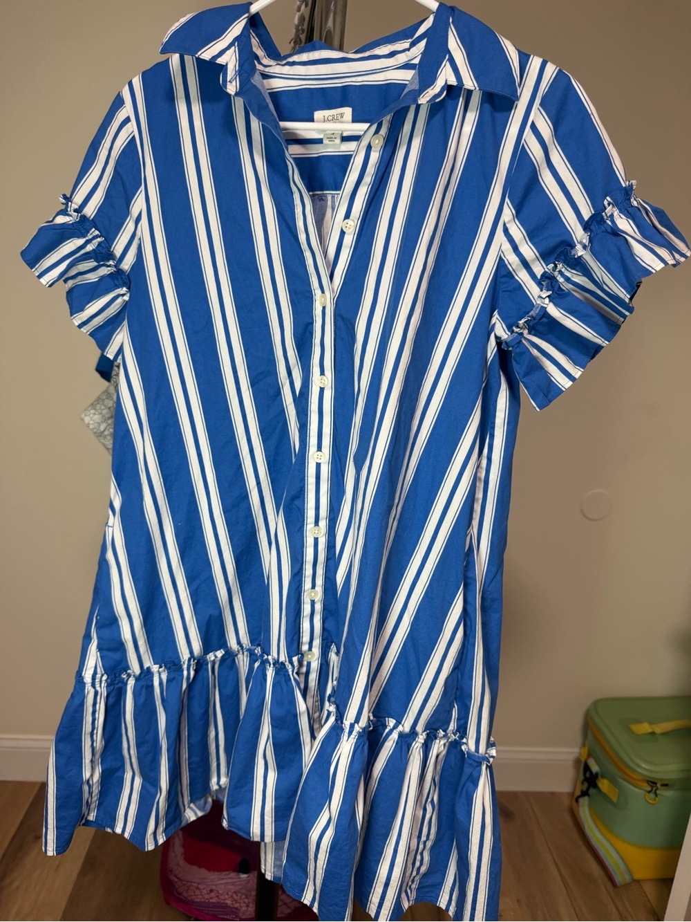 J. Crew Blue and White Striped Ruffle-Hem Shirt Dress